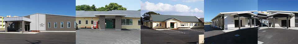 施設写真　左からHARU、コロニーみやき、希望の家、クレア２、クレア３